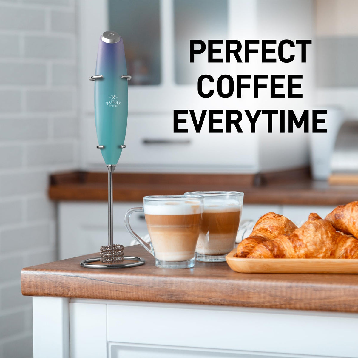 Zulay Kitchen metal stand keeps frother organized on the counter