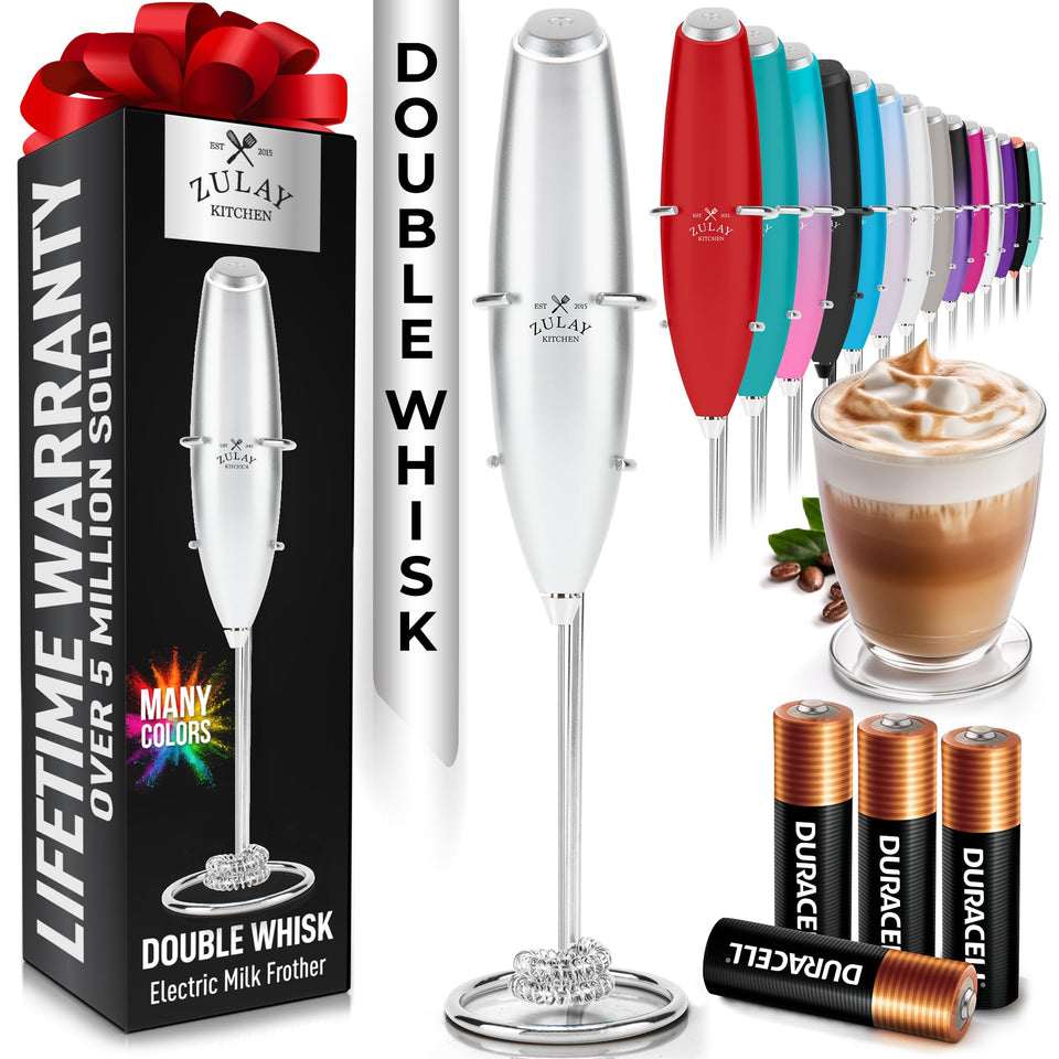Zulay Kitchen milk frother with four AA batteries included for cordless foaming