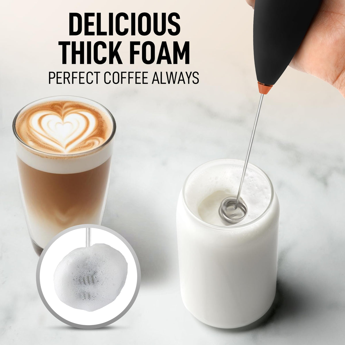 Close-up of frother with batteries included for cordless use