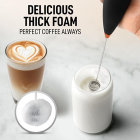 Close-up of frother with batteries included for cordless use