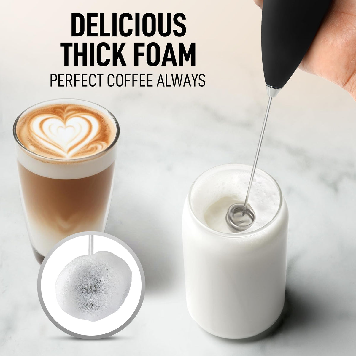 Zulay Kitchen milk frother foam closeup shows rich texture in seconds.