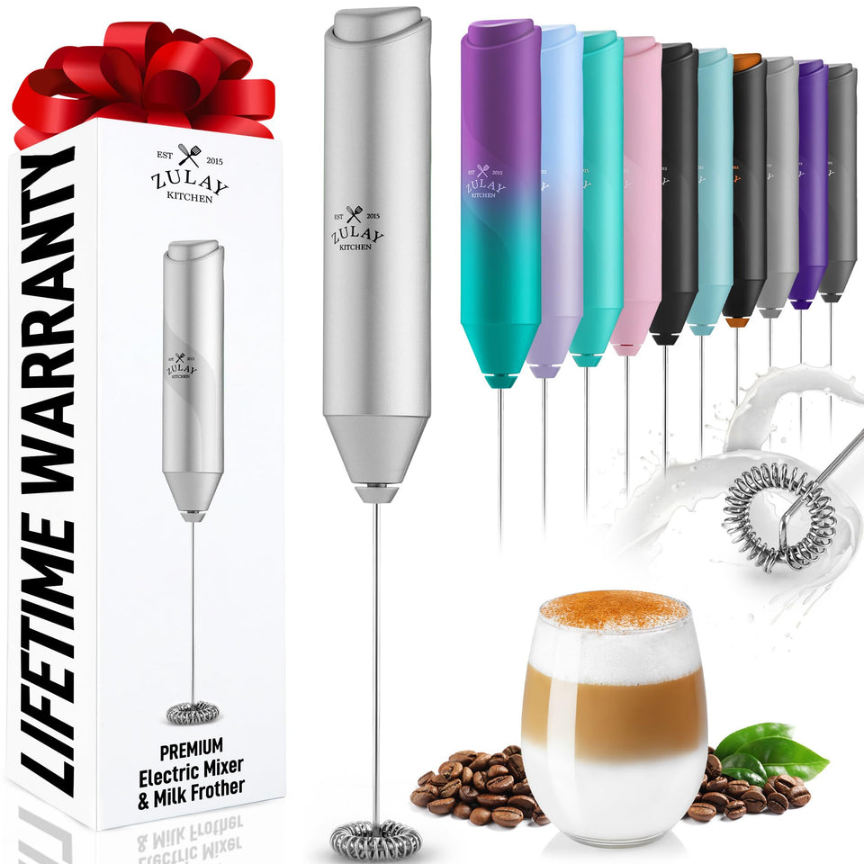 Zulay Kitchen handheld milk frother in compact form for creamy latte foam.
