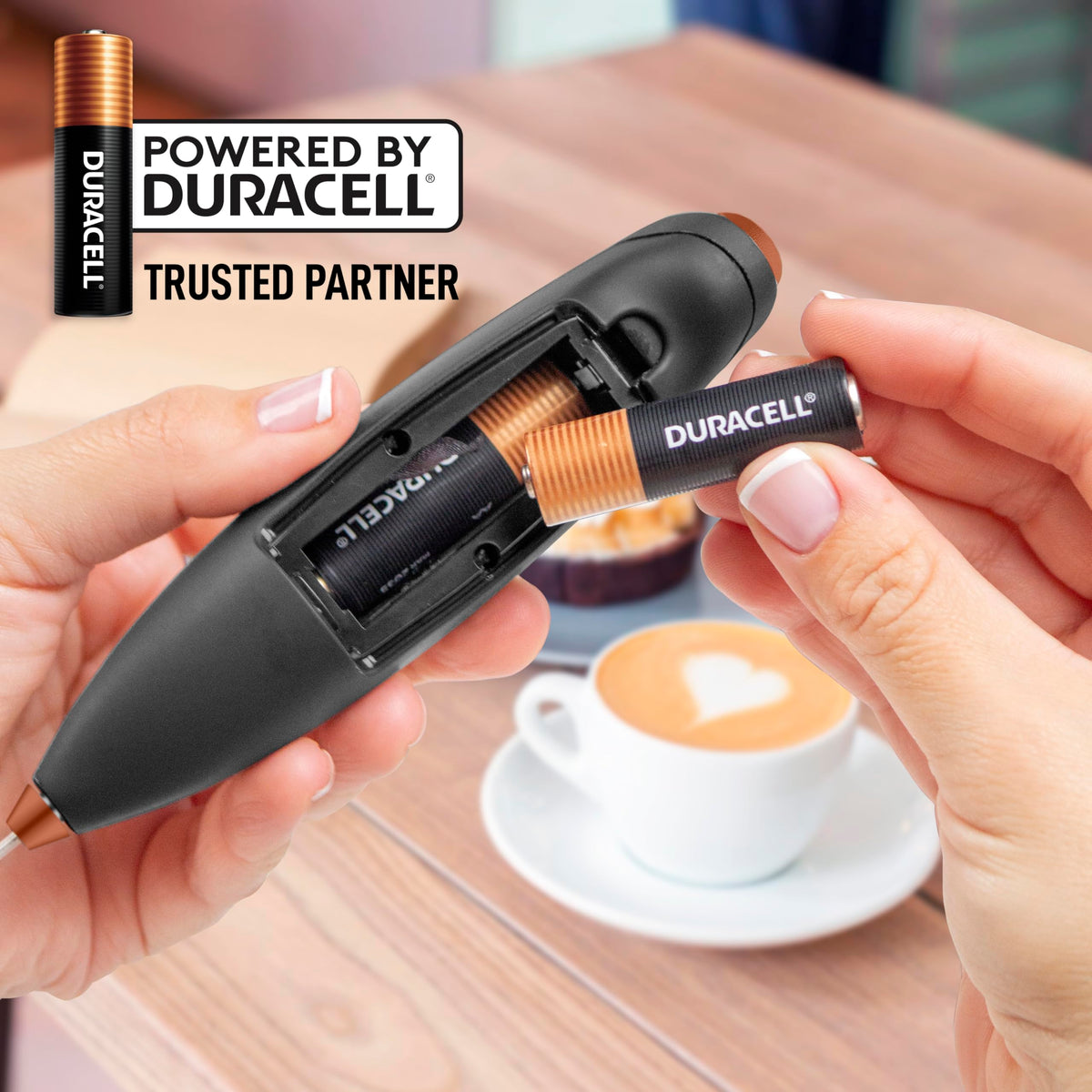 Zulay milk frother wand battery-powered portability for on-the-go use.