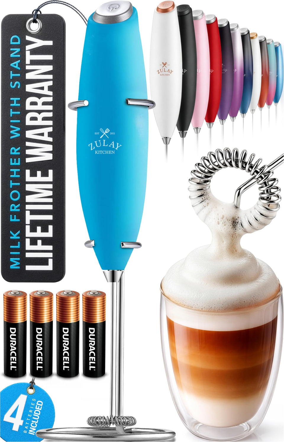 Zulay Kitchen milk frother wand creates rich latte foam.