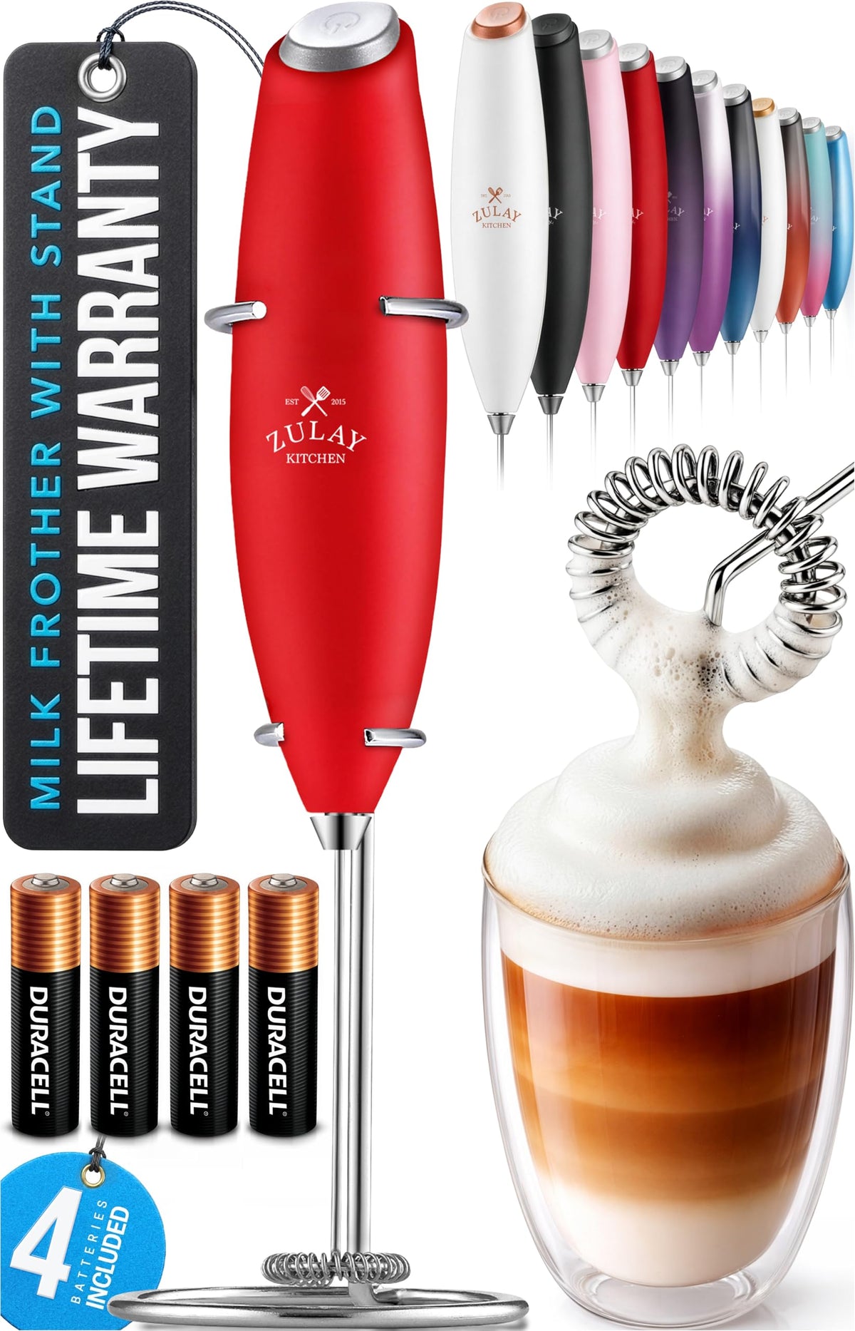 Zulay Kitchen milk frother wand in cardinal red creating silky cafe foam