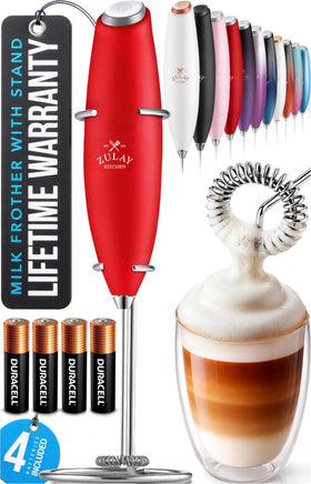 Zulay Kitchen milk frother wand in cardinal red creating silky cafe foam
