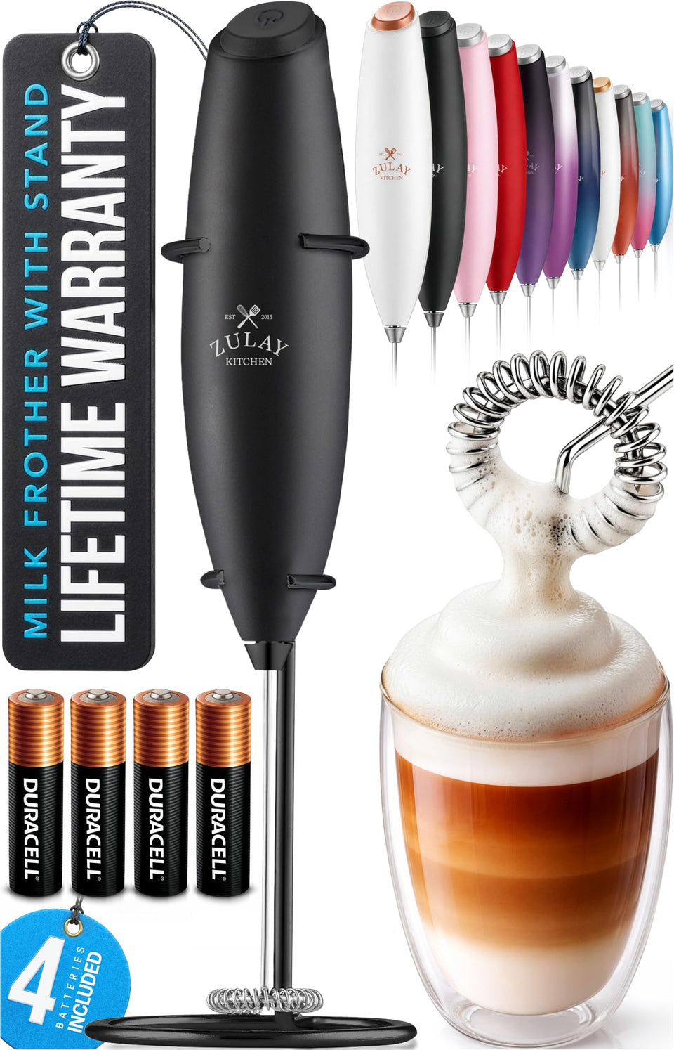 Zulay Kitchen milk frother wand creates creamy foam for coffee at home.