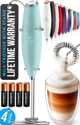 Zulay Kitchen milk frother wand creating creamy foam for coffee