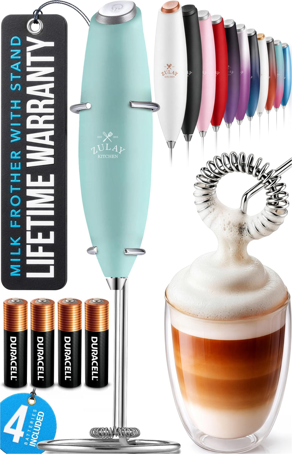 Zulay Kitchen milk frother wand creating creamy foam for coffee