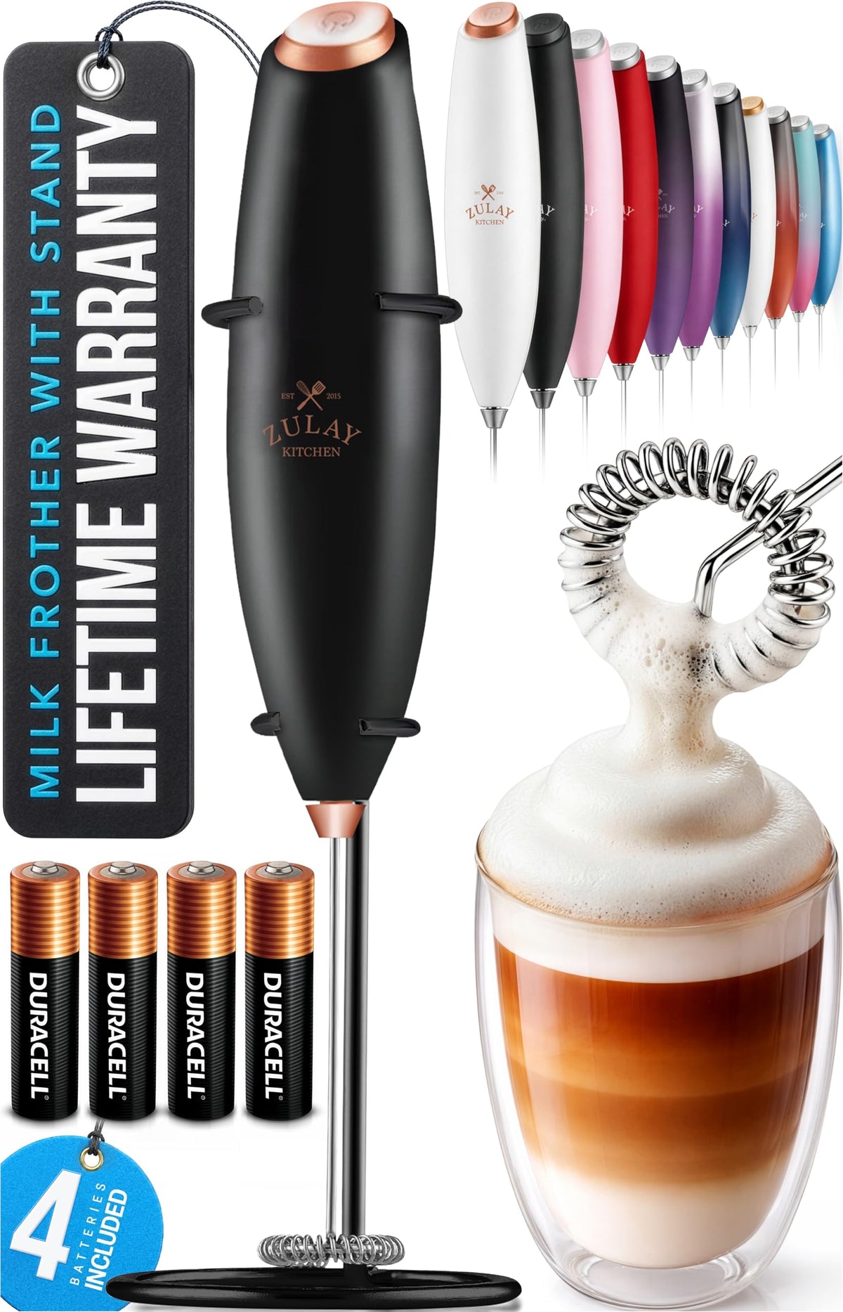 Zulay Kitchen milk frother wand creates silky foam for rich coffee.