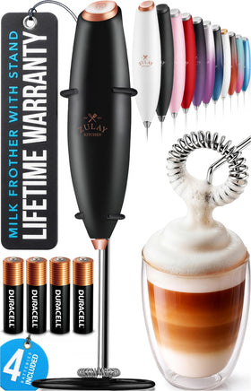 Zulay Kitchen milk frother wand creates silky foam for rich coffee.