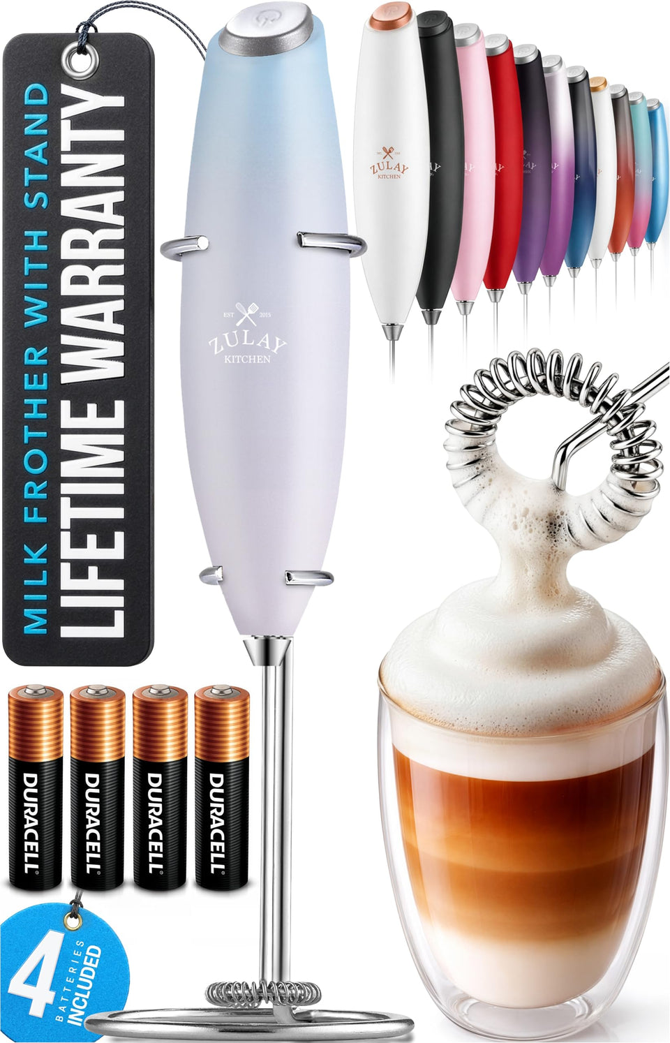 Zulay Kitchen milk frother wand foams milk into creamy texture for coffee.