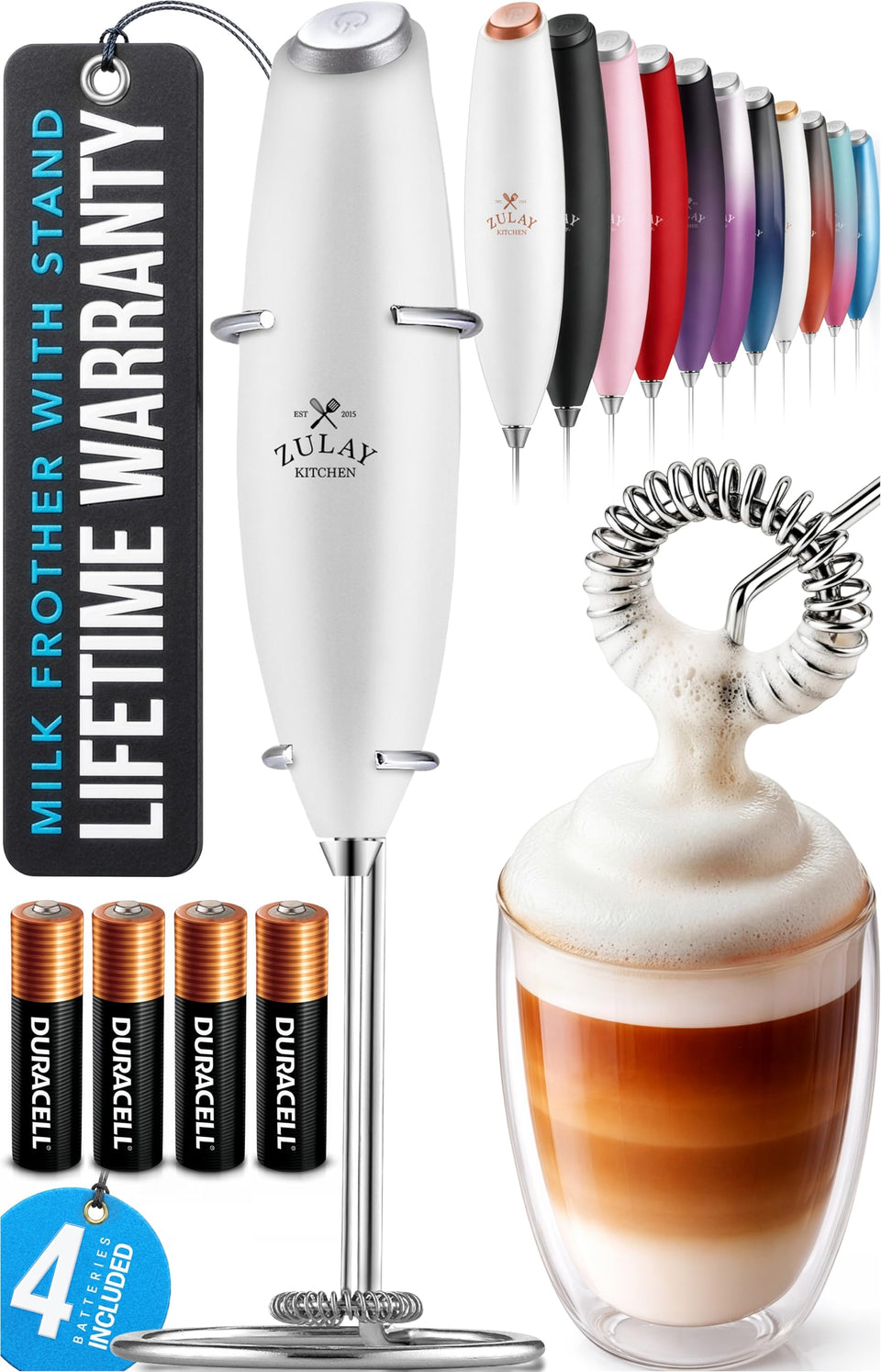 Zulay Kitchen milk frother wand creates creamy foam for coffee and lattes.
