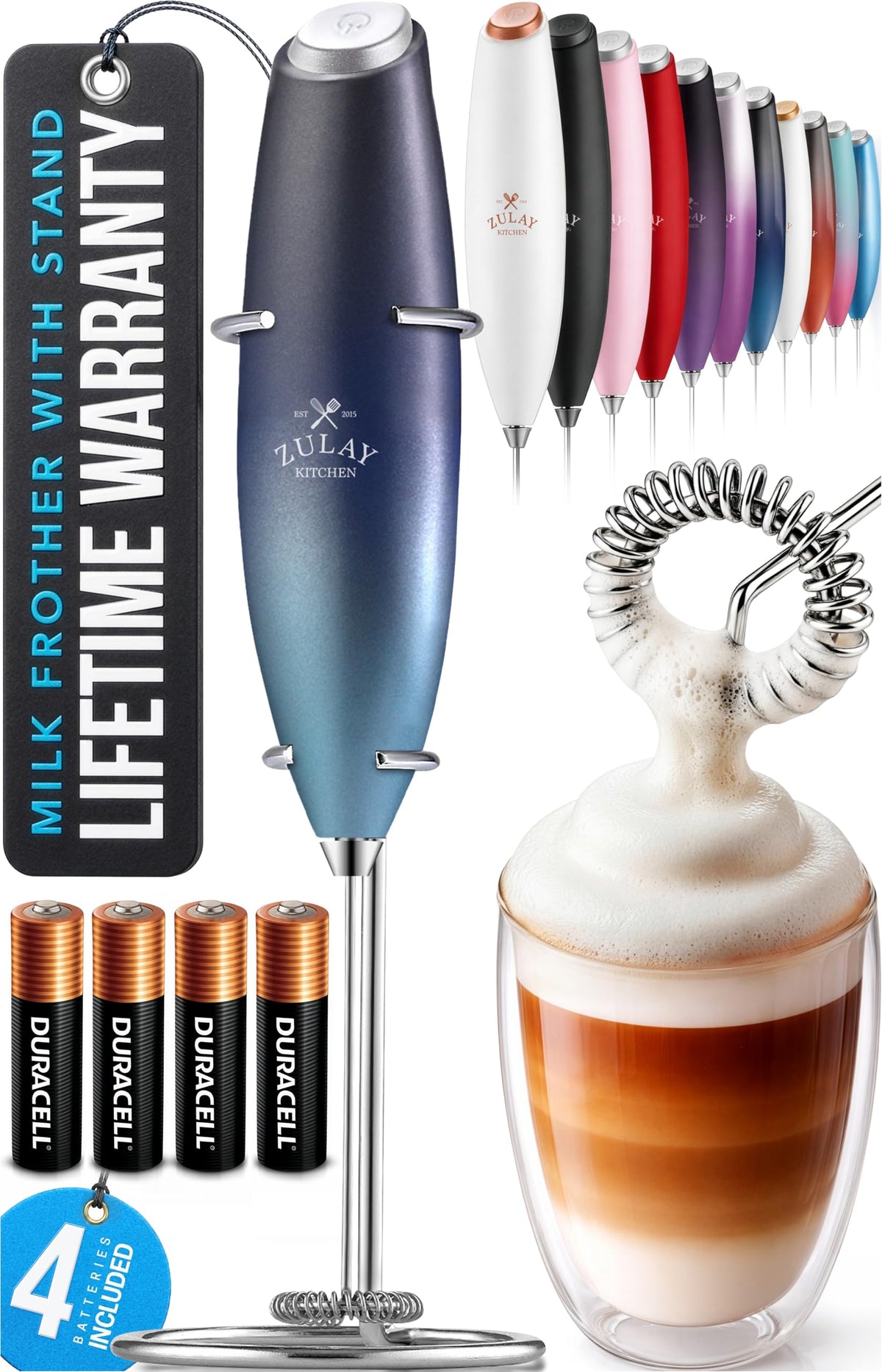 Zulay Kitchen milk frother wand creates rich foam for cafe-style drinks at home.