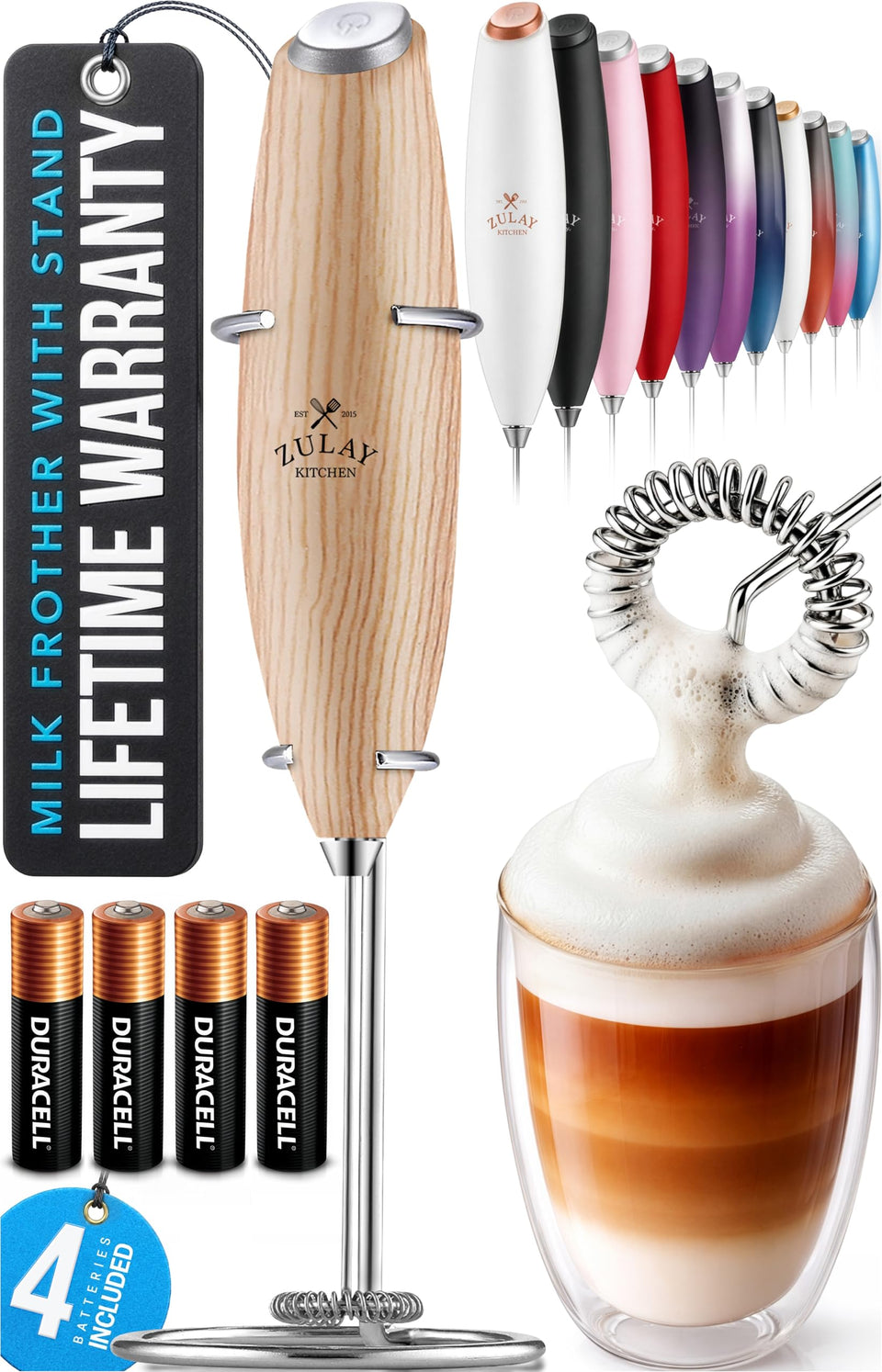 Zulay Kitchen milk frother wand creates rich foam for coffee drinks and lattes