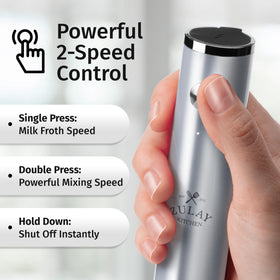 Zulay Kitchen multipurpose handheld blender handles frothing and mixing for hot or cold beverages.