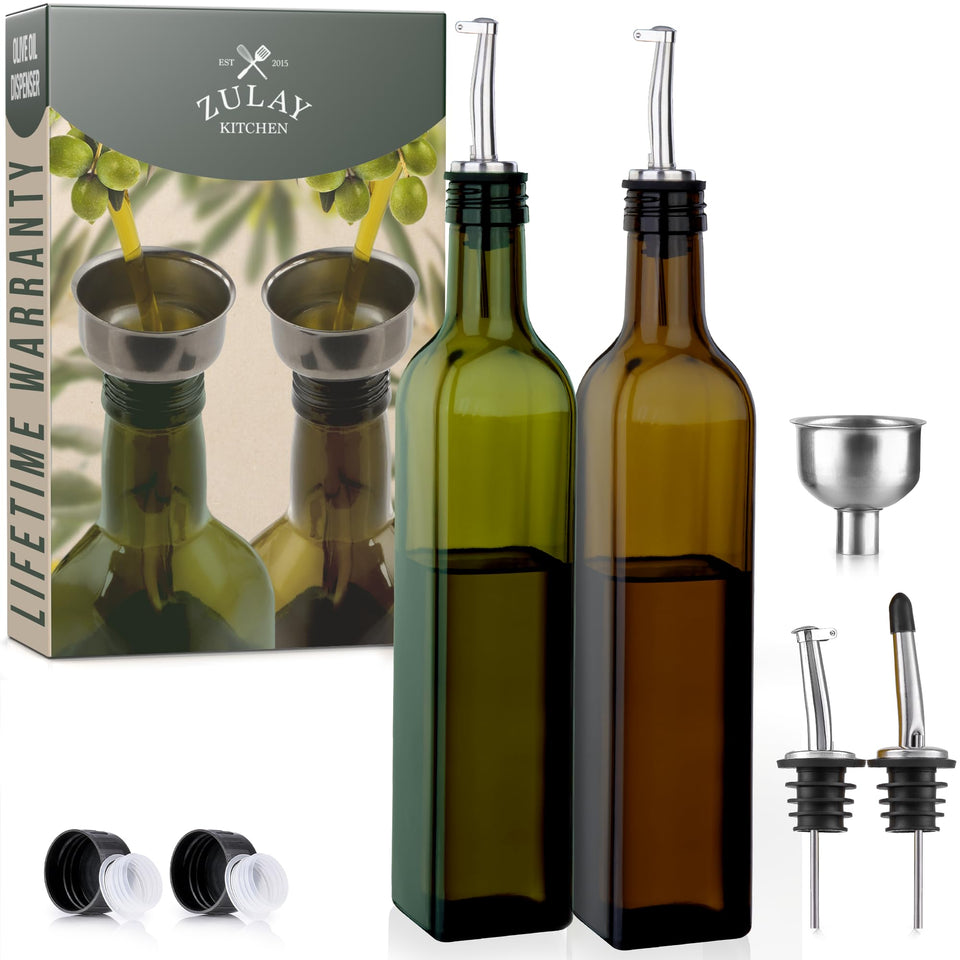 Zulay Kitchen olive oil dispenser 2-pack for controlled pouring and organization.