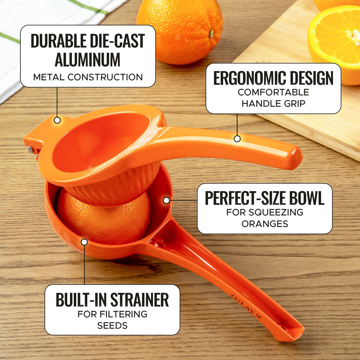 Built-in strainer in Zulay squeezer separates pulp for smooth juice.