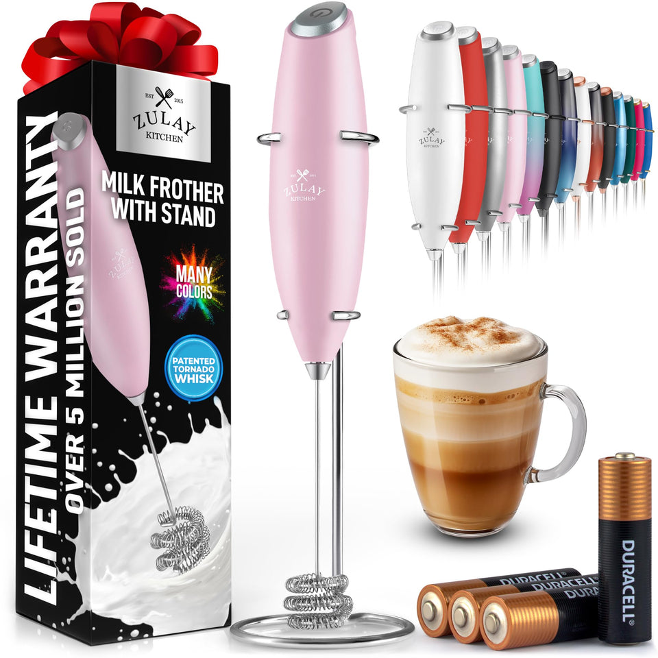 Zulay Kitchen patented tornado triple whisk frother creates rich foam in seconds.