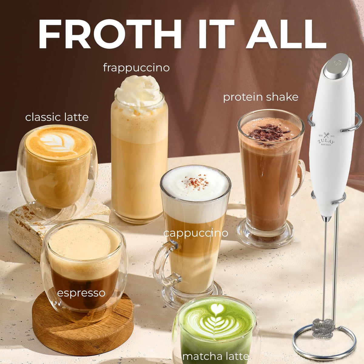Zulay Kitchen frother works with dairy and non-dairy milks for versatile foam