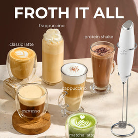 Zulay Kitchen frother works with dairy and non-dairy milks for versatile foam