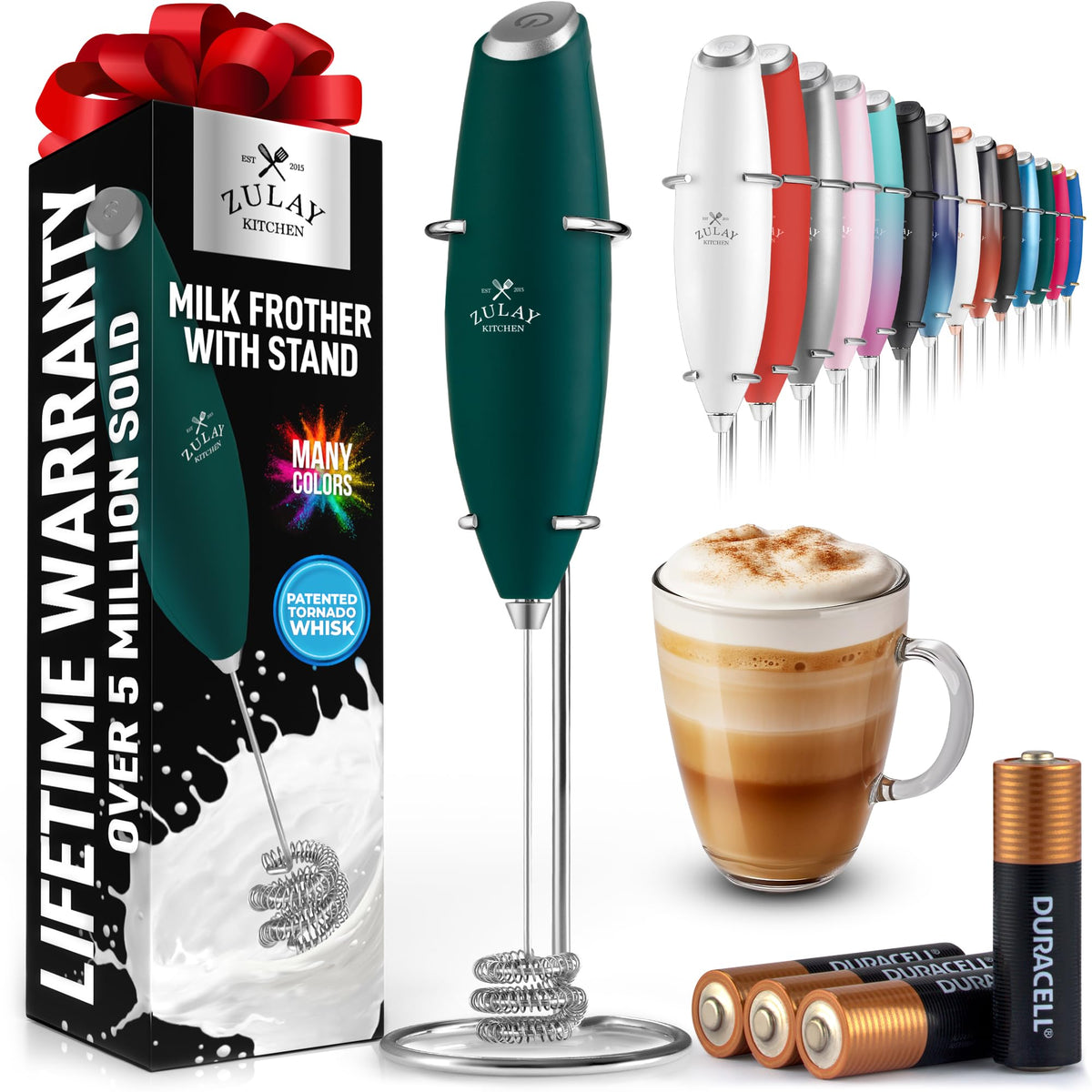 Zulay Kitchen tornado triple whisk frother in action creating rich foam