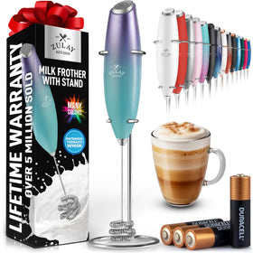 Zulay Kitchen patented tornado triple whisk milk frother on a stylish counter, for café-quality foam at home.