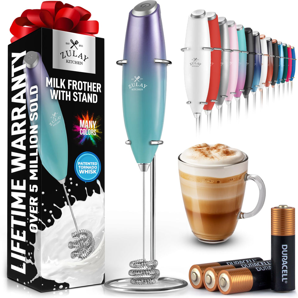 Zulay Kitchen patented tornado triple whisk milk frother on a stylish counter, for café-quality foam at home.