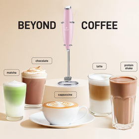 Zulay Kitchen Pink handheld frother in use for latte foam