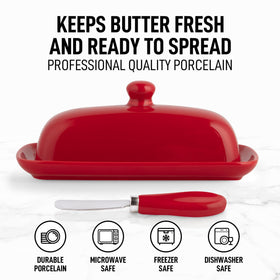 Zulay Kitchen porcelain butter dish knob handle for easy lifting.