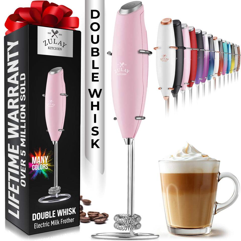 Zulay Kitchen Powerful Double Whisk Milk Frother foam close-up for cafe-style froth