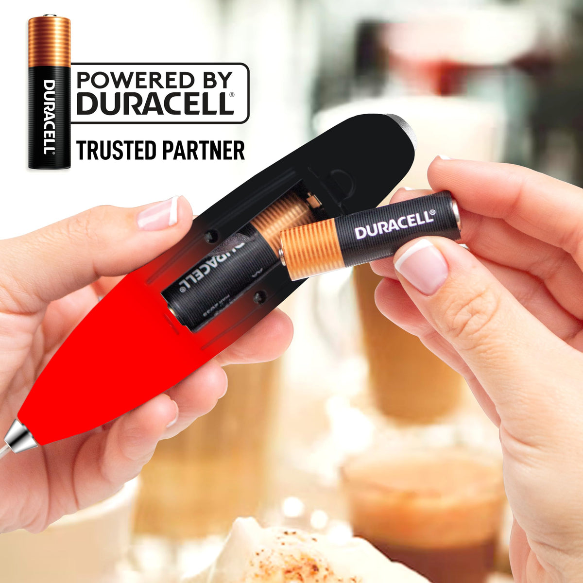 Zulay Kitchen frother wand powered by 4 AA batteries for cordless use.