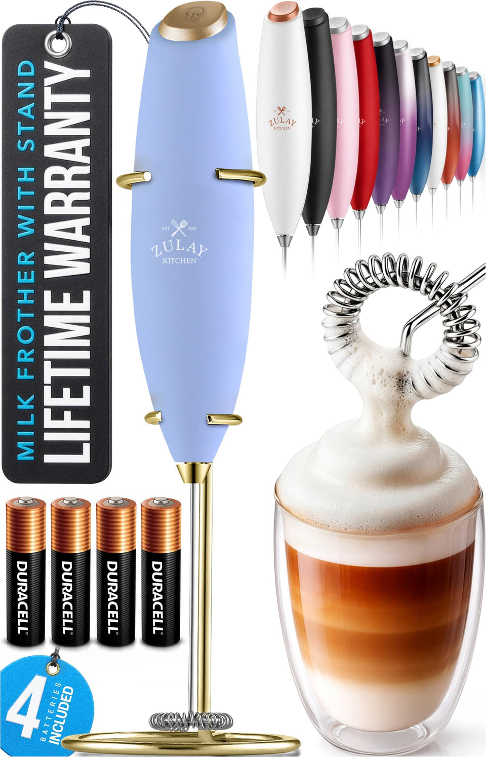 Zulay Milk Frother Wand in blue and gold front view for creamy foam creation