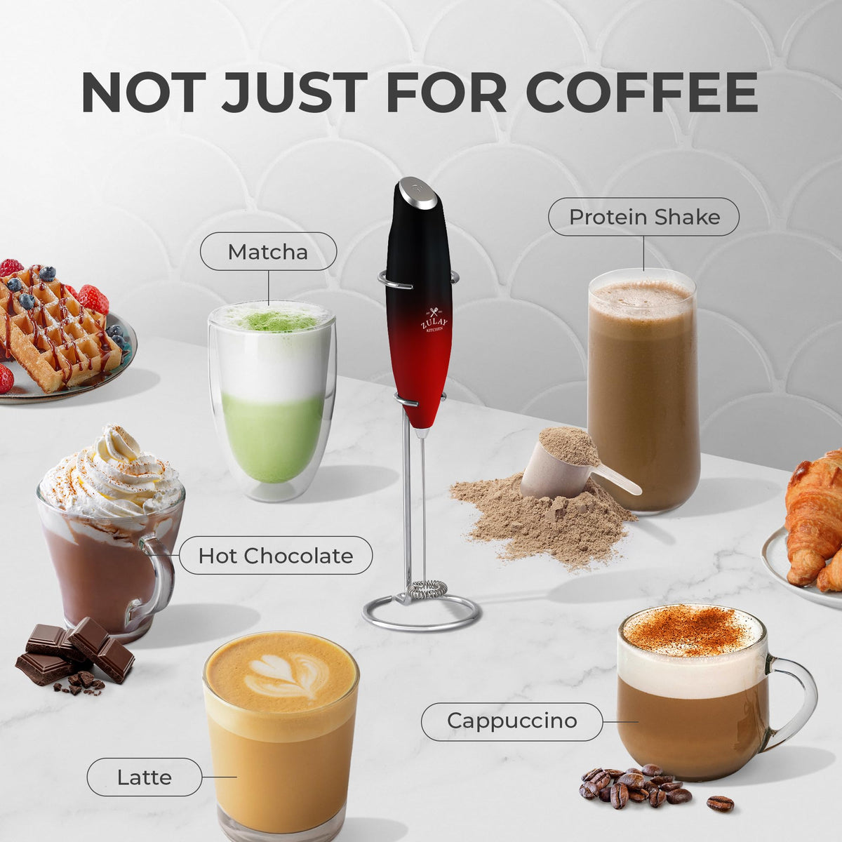 Zulay Kitchen frother wand works with dairy and non-dairy milks for creamy drinks.