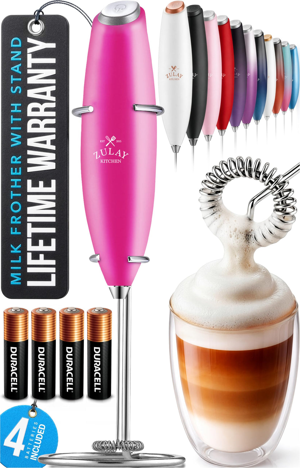 Zulay Kitchen Powerful Milk Frother Wand creating rich foam for dragonfruit latte