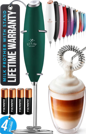 Zulay Kitchen powerful milk frother wand delivers silky foam for cappuccino and latte.