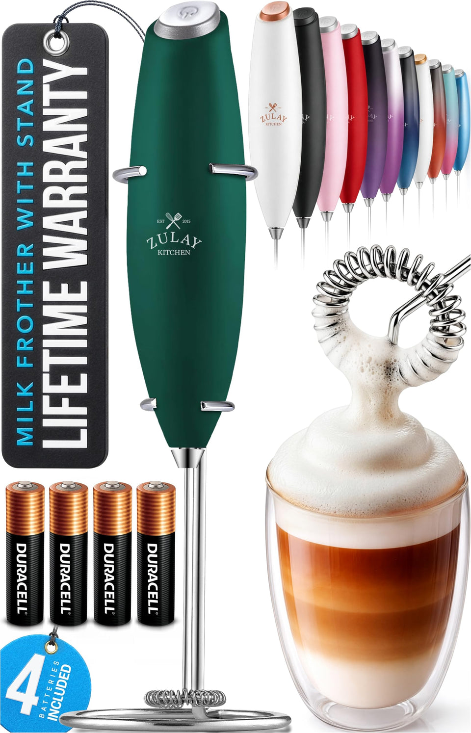 Zulay Kitchen powerful milk frother wand delivers silky foam for cappuccino and latte.