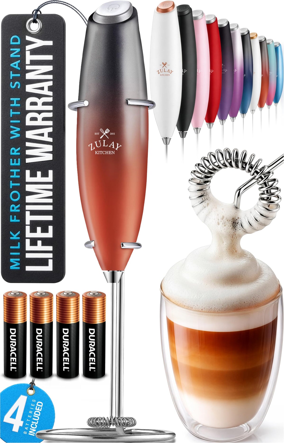 Zulay Kitchen milk frother wand creates rich foam for cappuccinos at home.