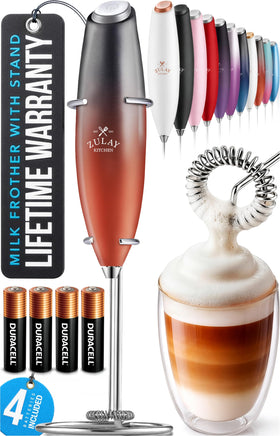 Zulay Kitchen milk frother wand creates rich foam for cappuccinos at home.
