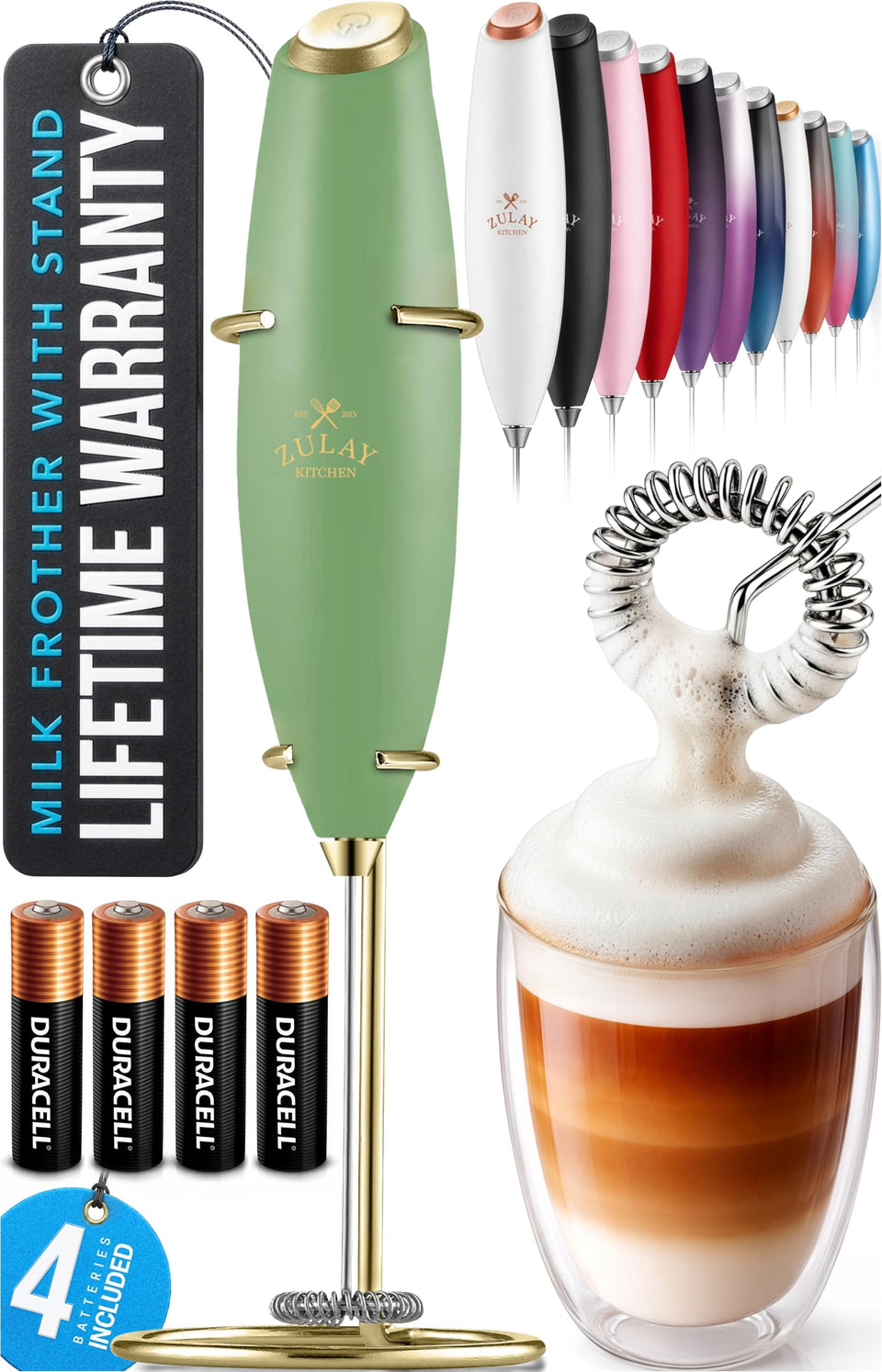 Zulay Kitchen powerful milk frother wand in forest gold, front view for cafe-style foam