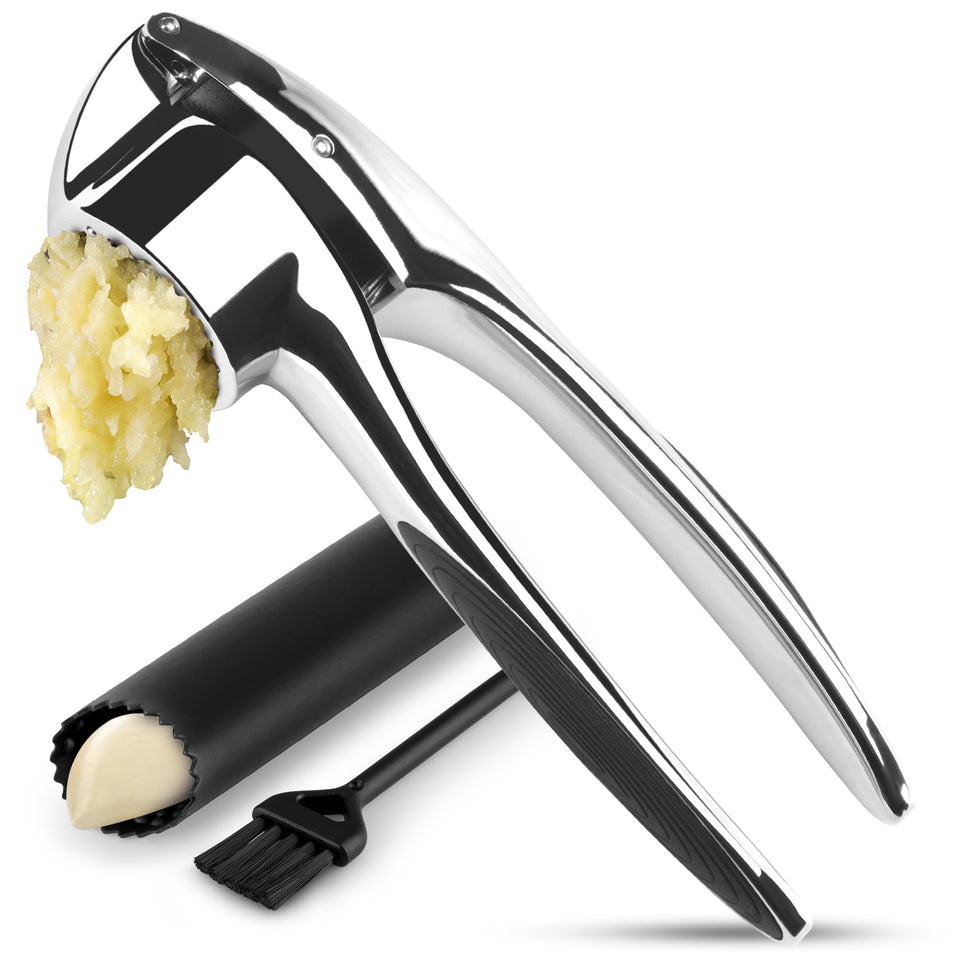 Zulay Kitchen premium garlic press, chrome finish, effortless garlic mincing.
