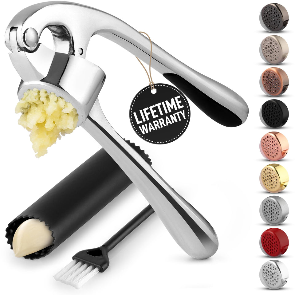 Zulay Kitchen premium garlic press set chrome in box for durable, long-lasting use