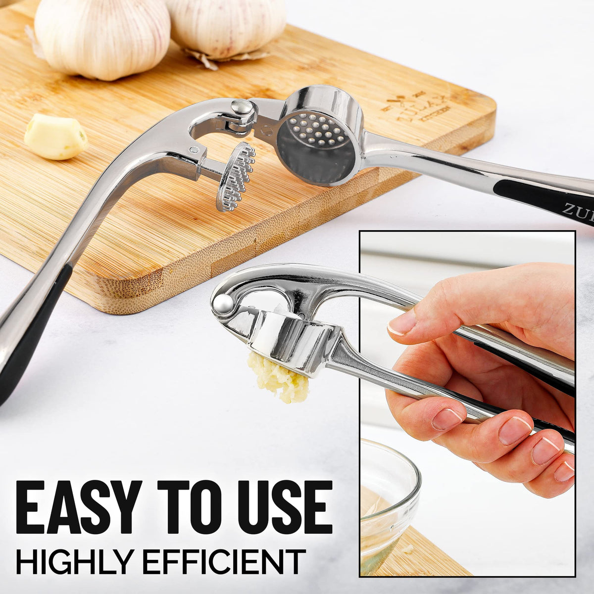 Zulay Kitchen premium garlic press set chrome garlic paste releases easily during cooking