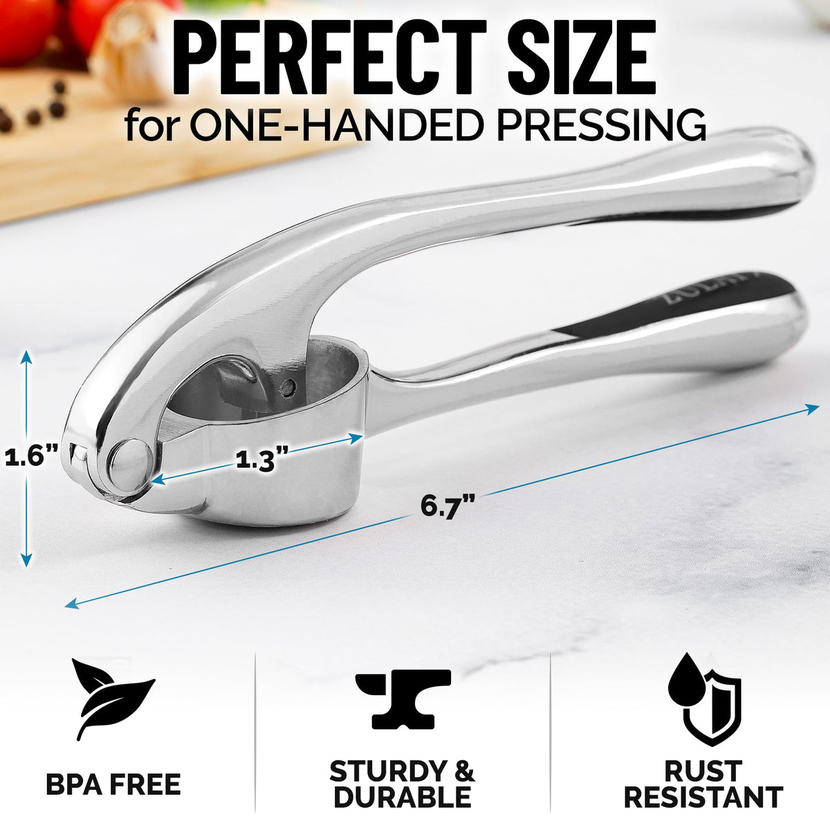 Zulay Kitchen premium garlic press set chrome pressing unpeeled cloves for clean hands