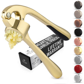Zulay Kitchen premium garlic press with soft handle for effortless crushing of garlic cloves.