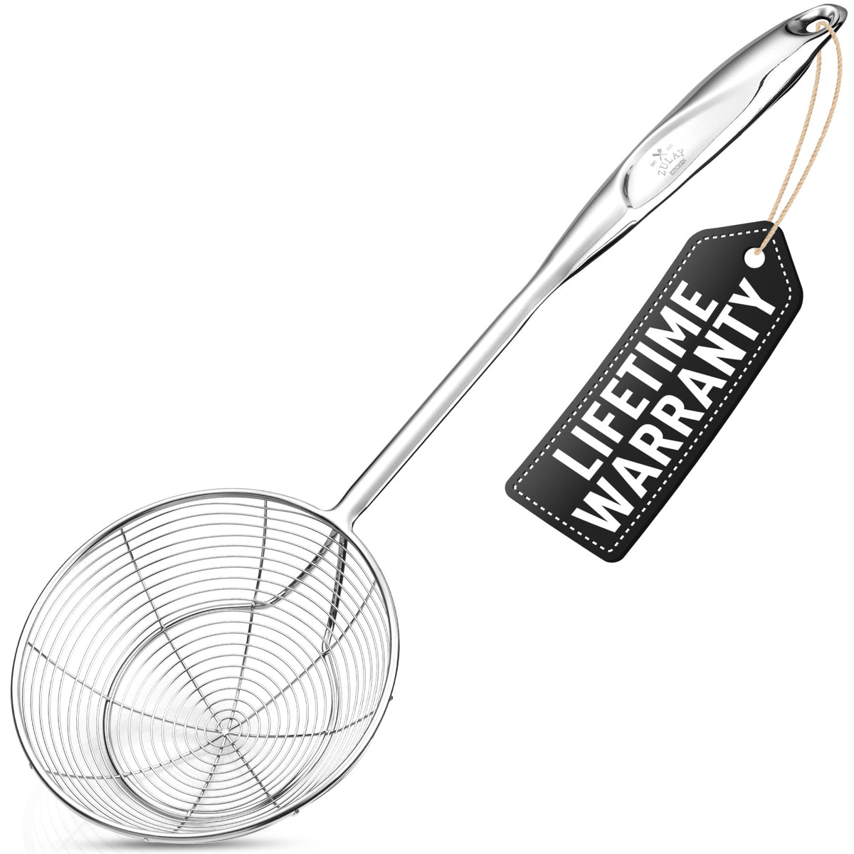 Zulay Kitchen premium skimmer ladle 15-inch overview shows durable stainless steel for high-heat frying.