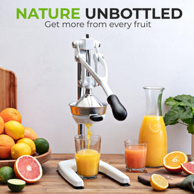 Zulay Kitchen Pulperizer rubberized base grips the counter for stable juicing.