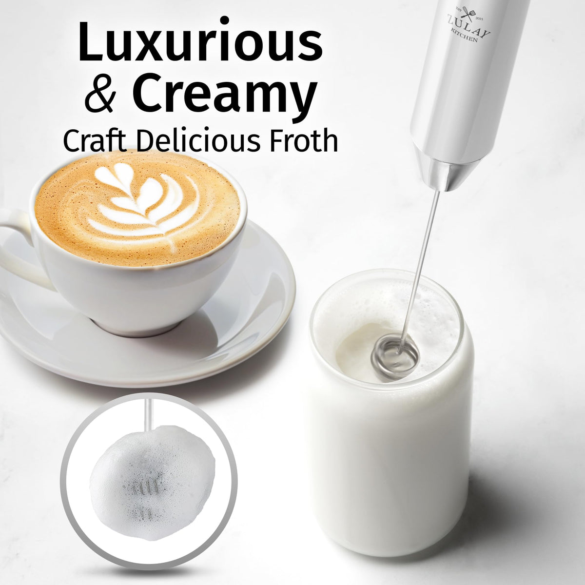 Zulay Kitchen milk frother with two-speed motor for café-quality foam at home