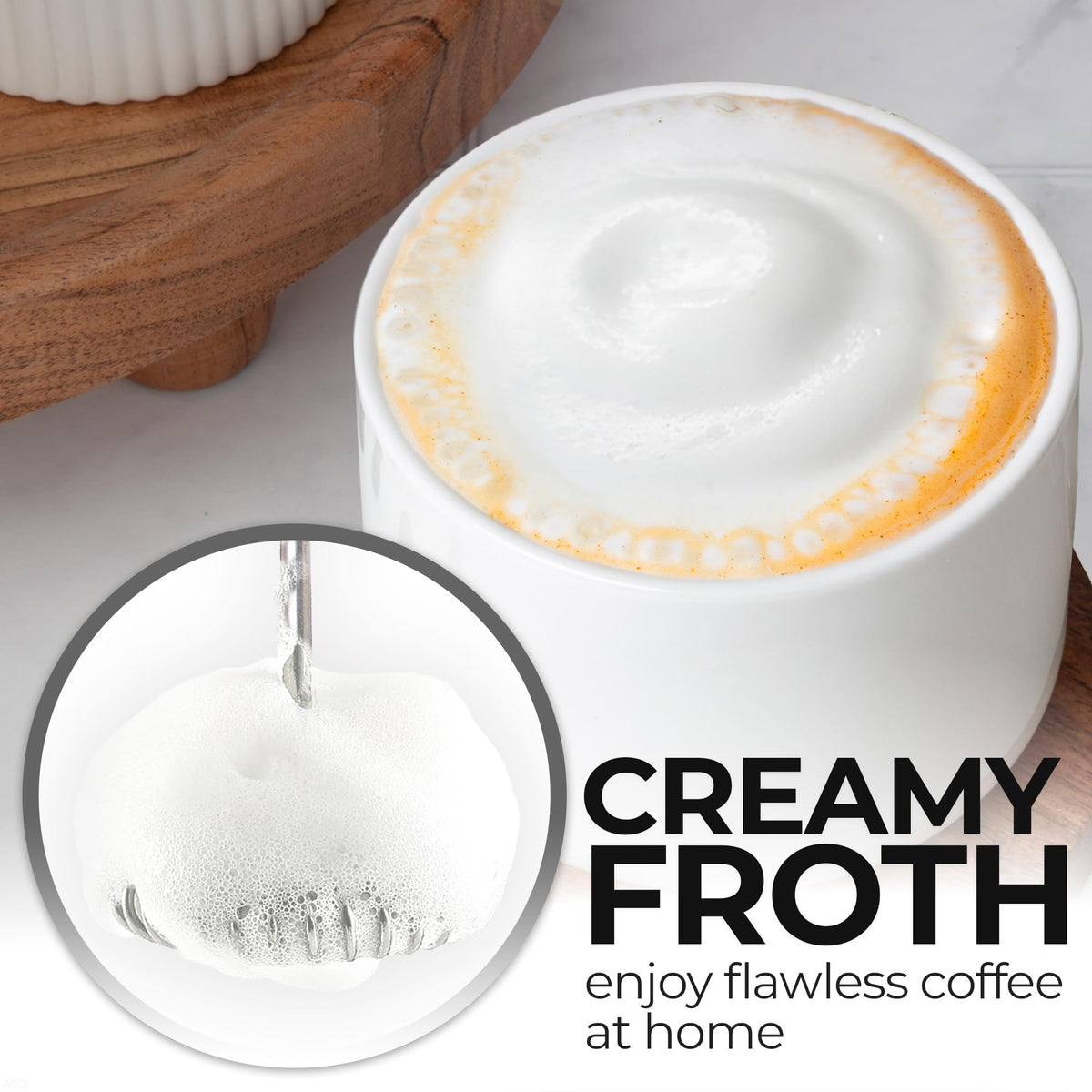 Zulay frother in use creating latte foam for a café-style drink