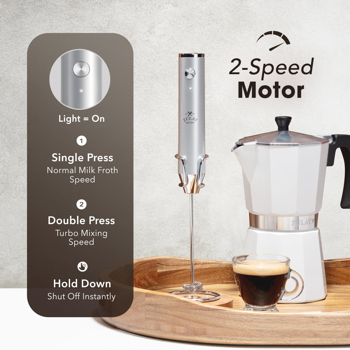 Zulay Kitchen Rechargeable Milk Frother IPX6 waterproof cleans easily after use.